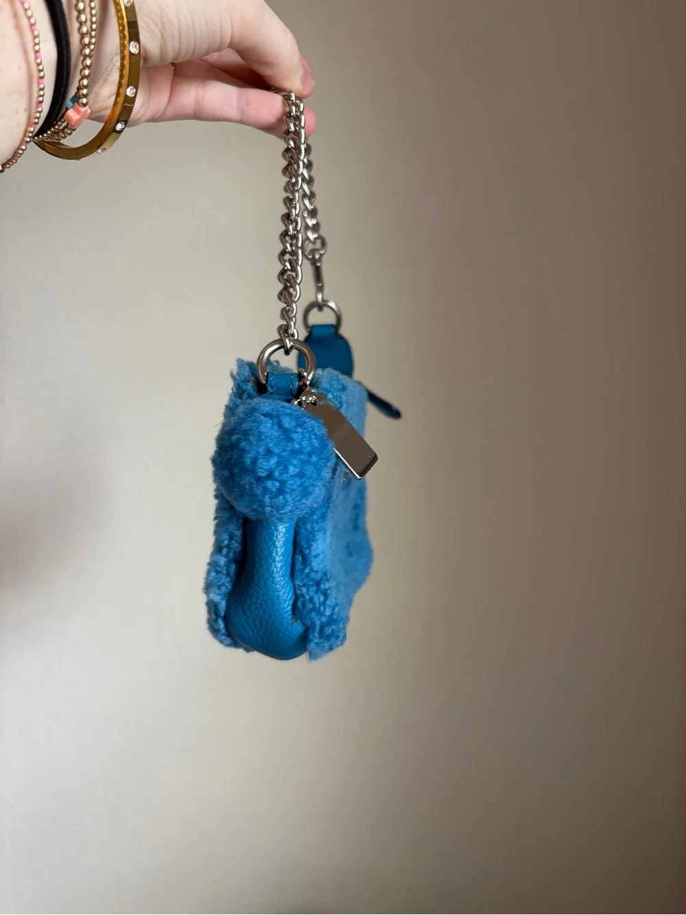 Coach Teal Blue Shearling Wristlet with Chain and Pom